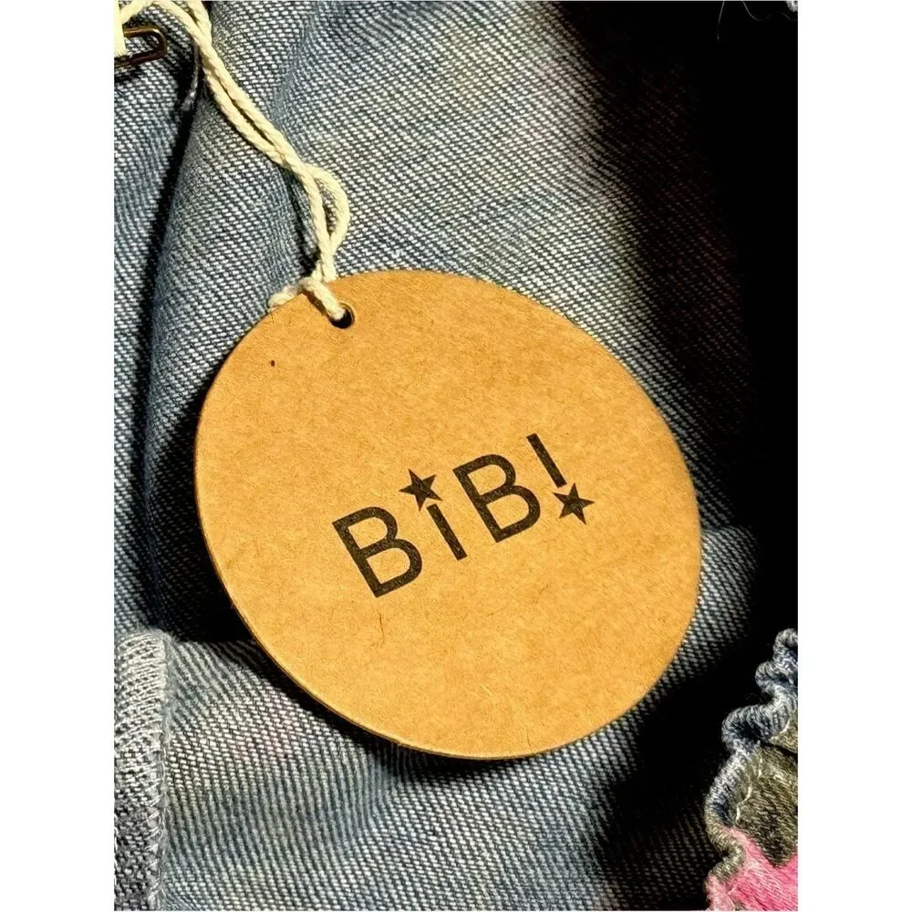 BiBi Floral Denim Short High Rise Drawstring Pink Rose Print Relaxed Fit Pockets - Picture 11 of 12